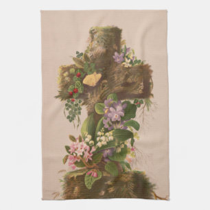Vintage rustikale Blumenkreuz, Osterkarte, Geschirrtuch