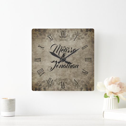 Vintage rustikale Bräutigam-Namen Hochzeit Quadratische Wanduhr (Zuhause)