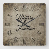 Vintage rustikale Bräutigam-Namen Hochzeit Quadratische Wanduhr (Vorderseite)
