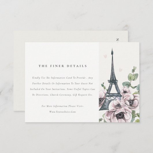 Vintage rustikale Eiffelturm Blumenzettel Details Begleitkarte (Vorne/Hinten)