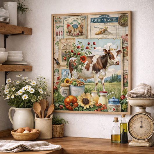 Vintage rustikale Farmhouse-Collage Kuh Poster
