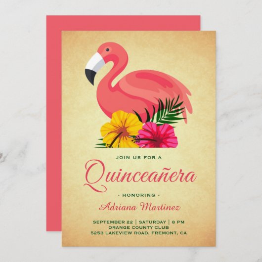 Vintage Rustikale Flamingo Quinceanera Einladung (Vorne/Hinten)