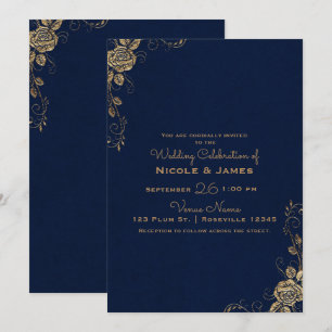 Vintage Rustikale Glamrose Ecken Blaue Gold Hochze Einladung