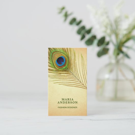 Vintage Rustikale Grüne Indische Pfauenfeder Visitenkarte (Stehend Vorderseite)