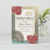 Vintage rustikale Hand Fan Rose tiara Quince Einladung (Stehend Vorderseite)