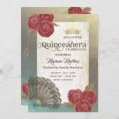 Vintage rustikale Hand Fan Rose tiara Quince Einladung (Vorne/Hinten)