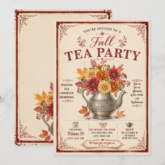 Vintage Rustikale Herbst-Teeparty im Herbst Einladung (Vorne/Hinten)