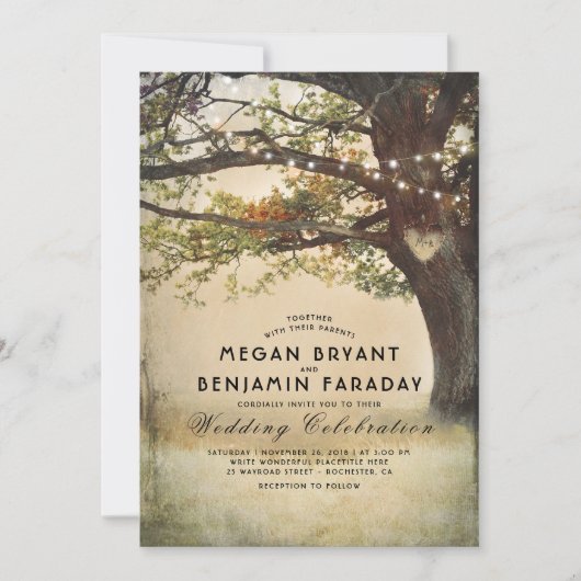 Vintage Rustikale Herbstbaumreihe mit Lichtereihen Einladung (Vorderseite)