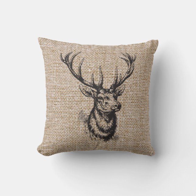 Vintage Rustikale Hirschantler auf Imitaten Burlap Kissen (Vorderseite)