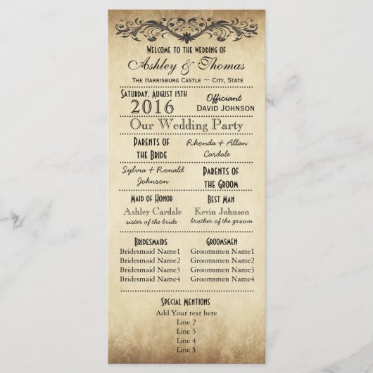 Vintage rustikale Hochzeitsprogramme Programm (Vorderseite)