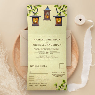 Vintage Rustikale Landlaternen für die Hochzeit Dreifach Gefaltete Einladung