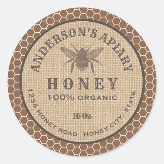 Vintage rustikale Leinen Honigwabenjarclas Runder Aufkleber (Vorderseite)