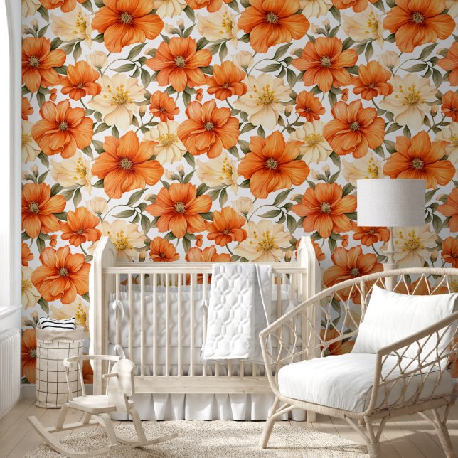 Vintage rustikale Orangen Herbst-Blume Muster Tapete (Kinder)