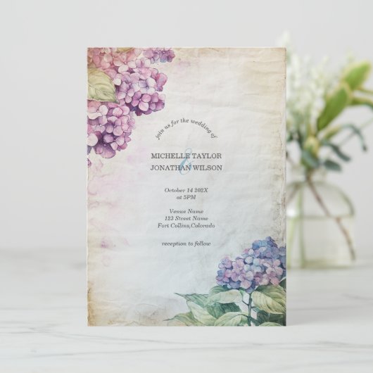 Vintage Rustikale Pastel Hydrangea Blume Einladung (Stehend Vorderseite)