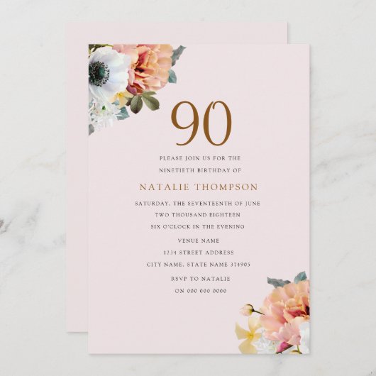 Vintage Rustikale Pfirsichblüte zum 90. Geburtstag Einladung (Vorne/Hinten)
