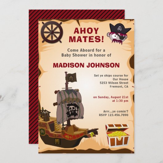 Vintage Rustikale Pirate Theme Kinderdusche Einladung (Vorne/Hinten)