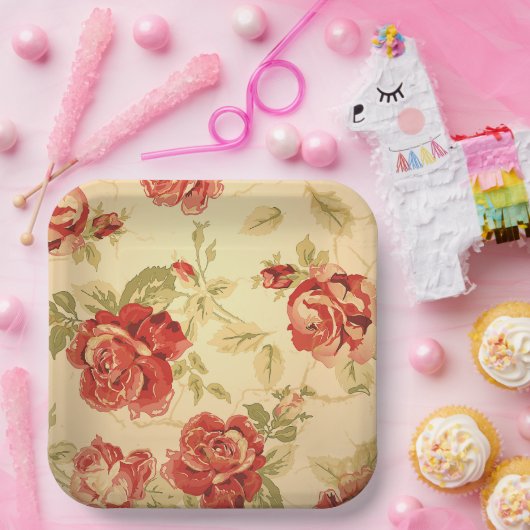 Vintage rustikale rote Rose Hochzeitszettel Pappteller (Party)