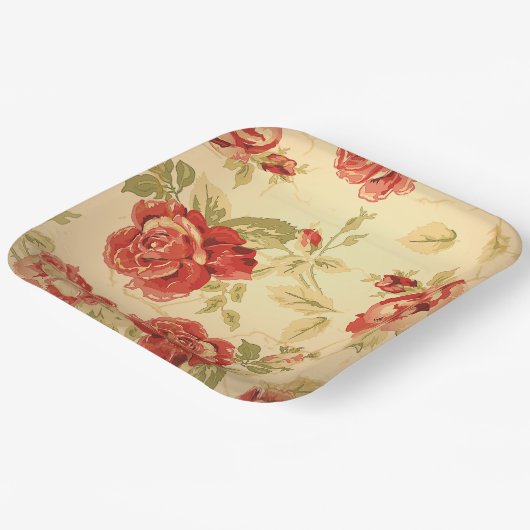 Vintage rustikale rote Rose Hochzeitszettel Pappteller (Gewinkelt)