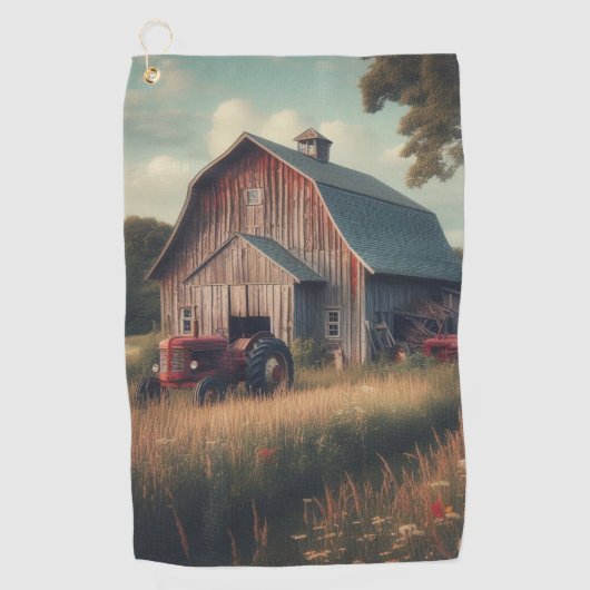 Vintage rustikale Scheune und alte Traktoren Golfhandtuch (Vorderseite)