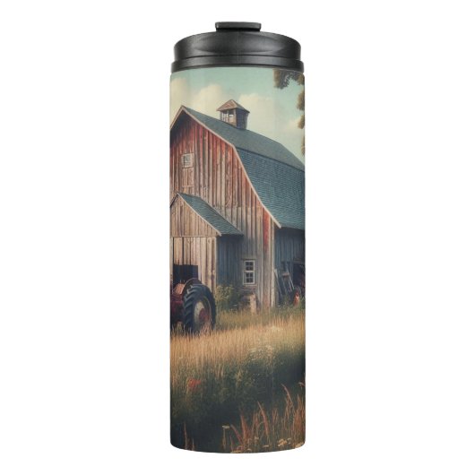 Vintage rustikale Scheune und alte Traktoren Thermosbecher (Vorderseite)