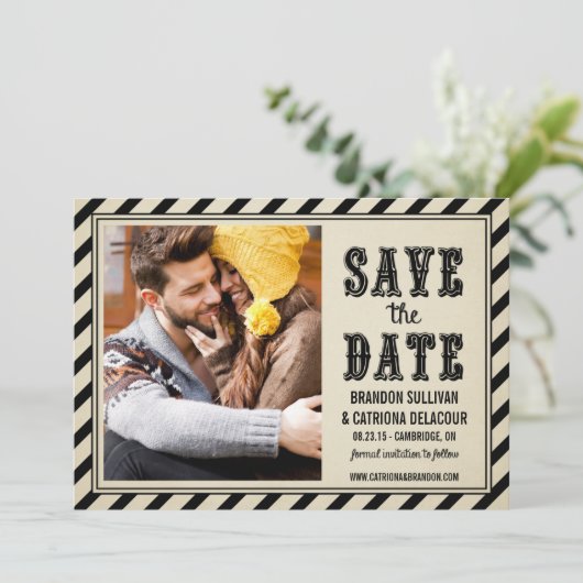 Vintage rustikale Streifen Ankündigung Datum freih (Stehend Vorderseite)