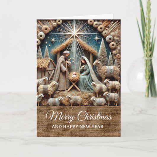 Vintage-rustikale Weihnachtskrippenszene Frohe Wei Karte (Vorderseite)