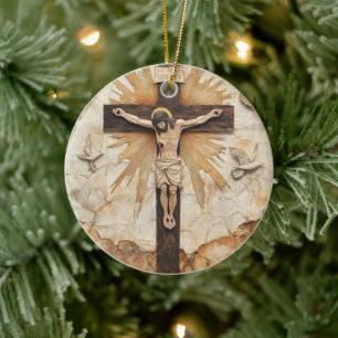Vintage Rustikaler Jesus am Kreuz Keramik Ornament