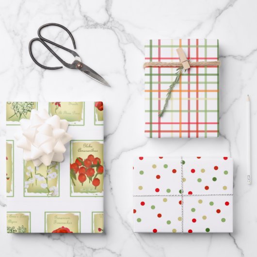 Vintage Saatgutpackungen, Dots und Plaid Geschenkpapier Set (Vorderseite)