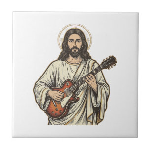 Vintage Sacred Guitarist Gravur Shirt Design_1 Fliese