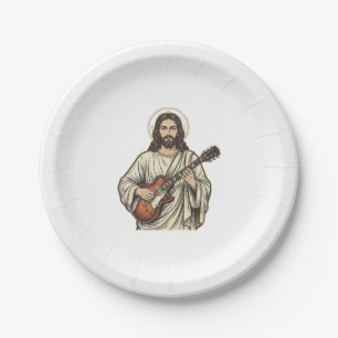 Vintage Sacred Guitarist Gravur Shirt Design_1 Pappteller