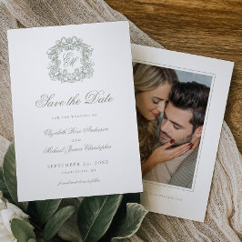 Vintage Sage Green Crest Monogram Wedding Photo Save The Date