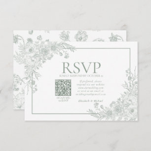 Vintage Sage Green Floral Line Art QR-Code UAWG RSVP Karte