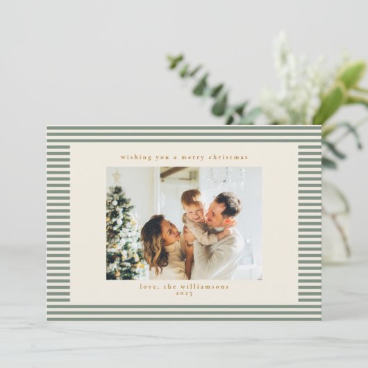 Vintage Sage Green Stripes Custom Foto Weihnachten (Stehend Vorderseite)