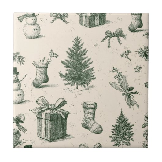 Vintage Sage Green Winter Toile Christmas (2) Fliese (Vorderseite)