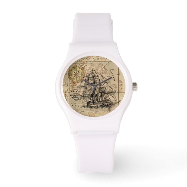 Vintage Sailing Ship and Old European Map Armbanduhr (Vorderseite)