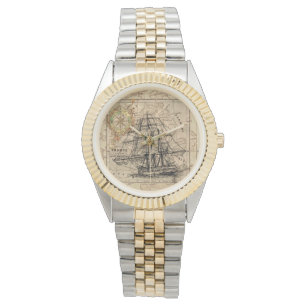 Vintage Sailing Ship and Old European Map Armbanduhr