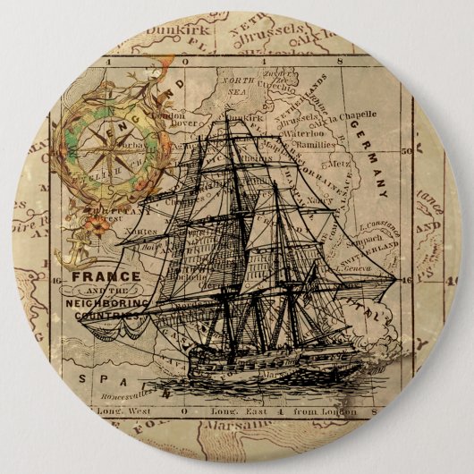 Vintage Sailing Ship and Old European Map Button (Vorderseite)