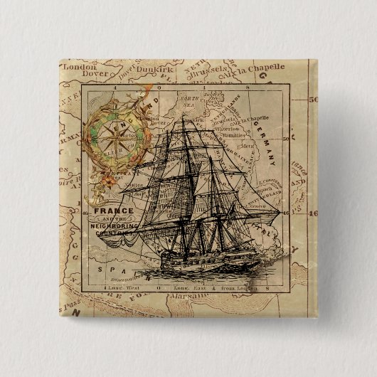 Vintage Sailing Ship and Old European Map Button (Vorderseite)
