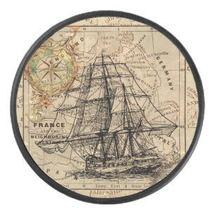 Vintage Sailing Ship and Old European Map Eishockey Puck