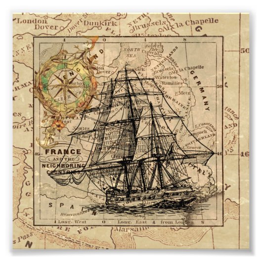 Vintage Sailing Ship and Old European Map Fotodruck (Vorne)