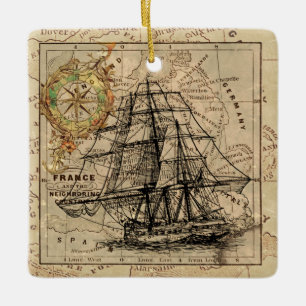 Vintage Sailing Ship and Old European Map Keramikornament
