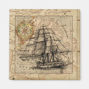 Vintage Sailing Ship and Old European Map Magnet