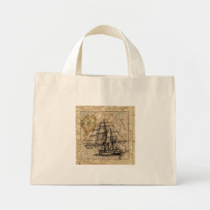 Vintage Sailing Ship and Old European Map Mini Stoffbeutel
