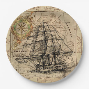 Vintage Sailing Ship and Old European Map Pappteller