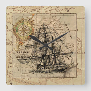Vintage Sailing Ship and Old European Map Quadratische Wanduhr