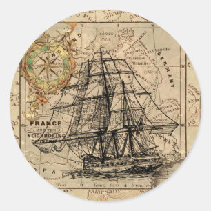 Vintage Sailing Ship and Old European Map Runder Aufkleber
