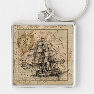 Vintage Sailing Ship and Old European Map Schlüsselanhänger