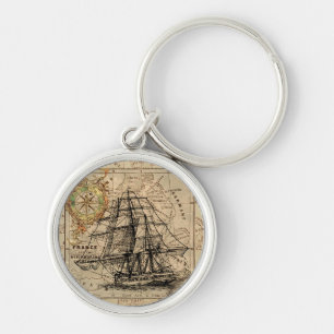 Vintage Sailing Ship and Old European Map Schlüsselanhänger