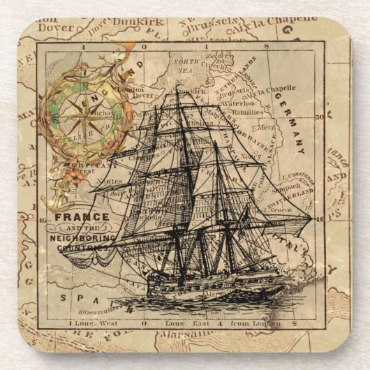 Vintage Sailing Ship and Old European Map Untersetzer (Vorderseite)