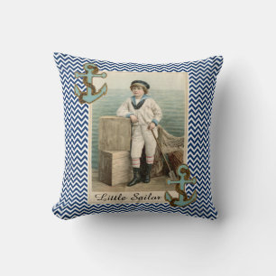 VINTAGE SAILOR BOY /ANKER UND SEIL, BLAUE CHEVRONS KISSEN